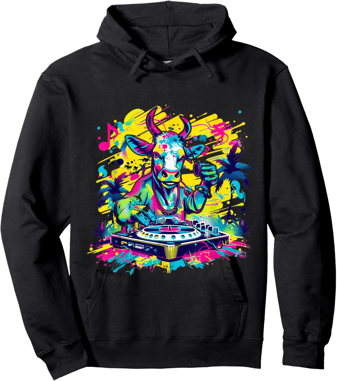 Cow DJ Tropical Colourful Turntable DJ Cow EDM Cow Lover Hoodie - Hoodie | Black