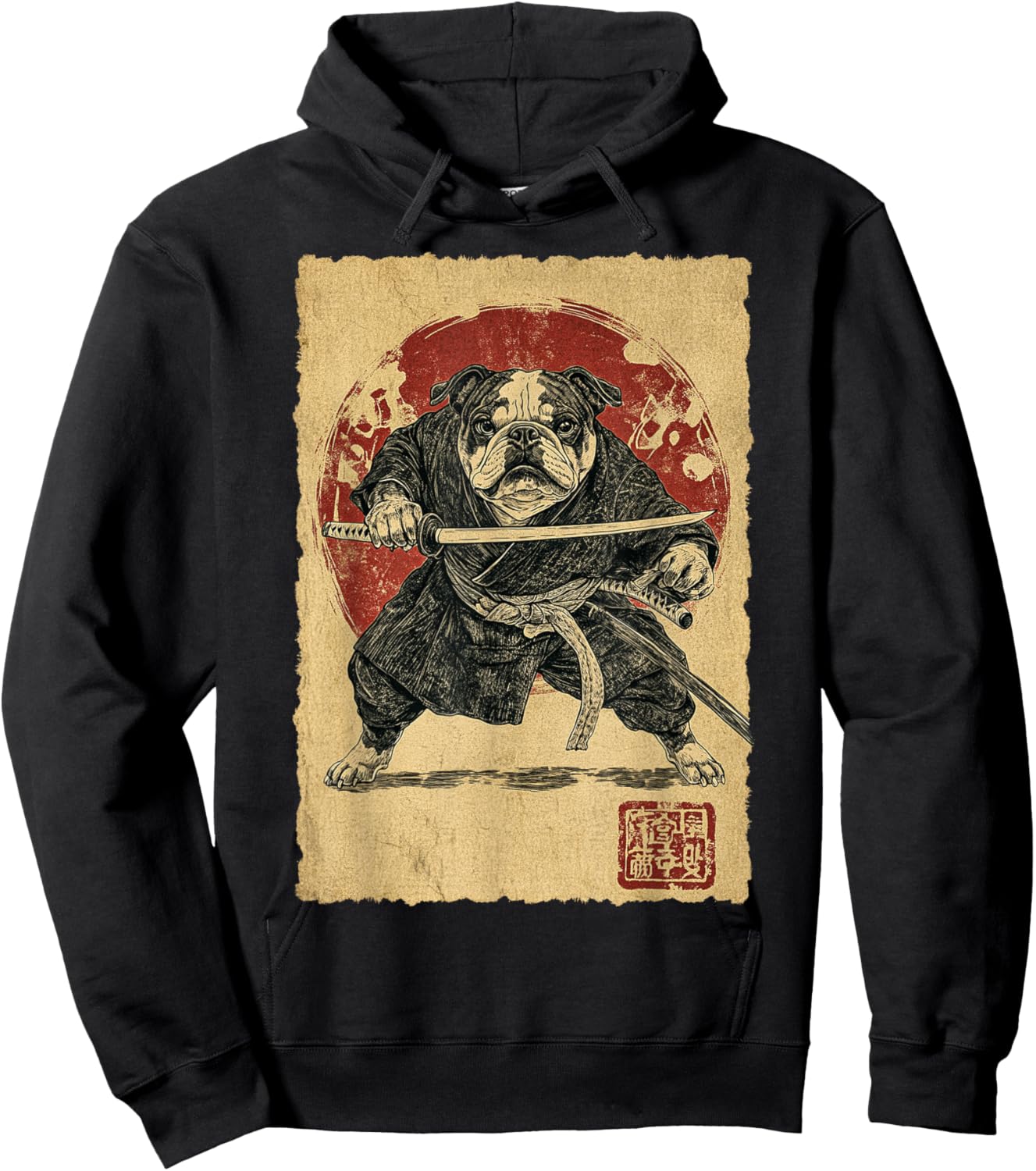 Funny Vintage Japanese Art Bulldog Ninja Samurai Warrior Men Women Girls Kids Hoodie - Hoodie | Black