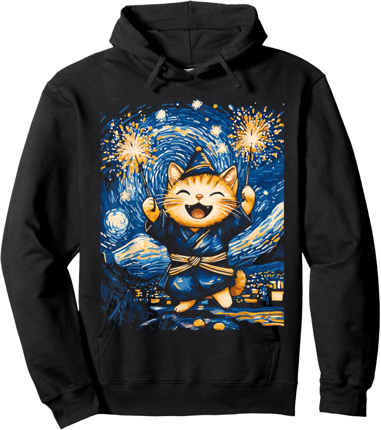 New Year Cat Starry Night Art for Cat Lovers Hoodie - Hoodie | Black