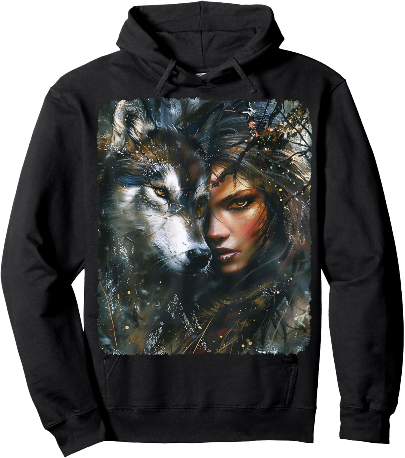 Beautiful Painting of a Woman with her Wolf Hoodie - Hoodie | Black