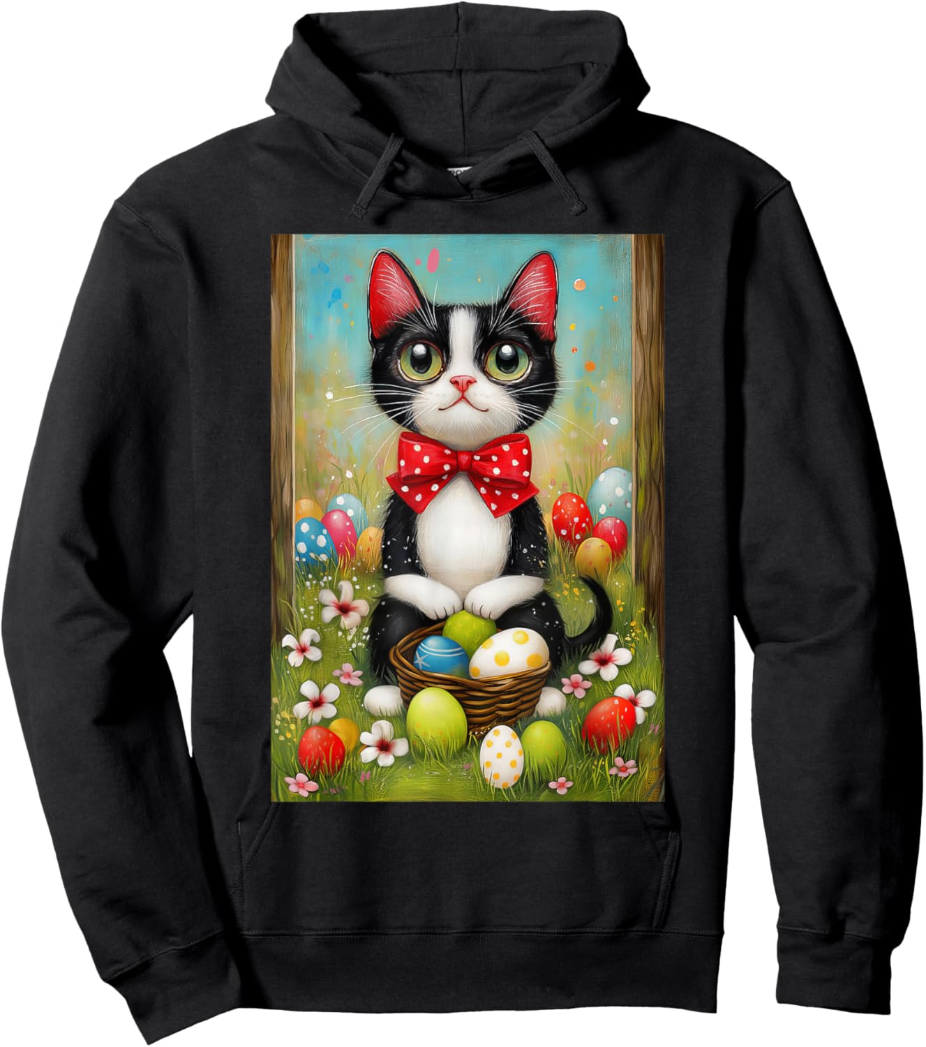 Tuxedo Cat Easter Shirt – Kitty with Basket of Easter Eggs Hoodie - Hoodie | Black