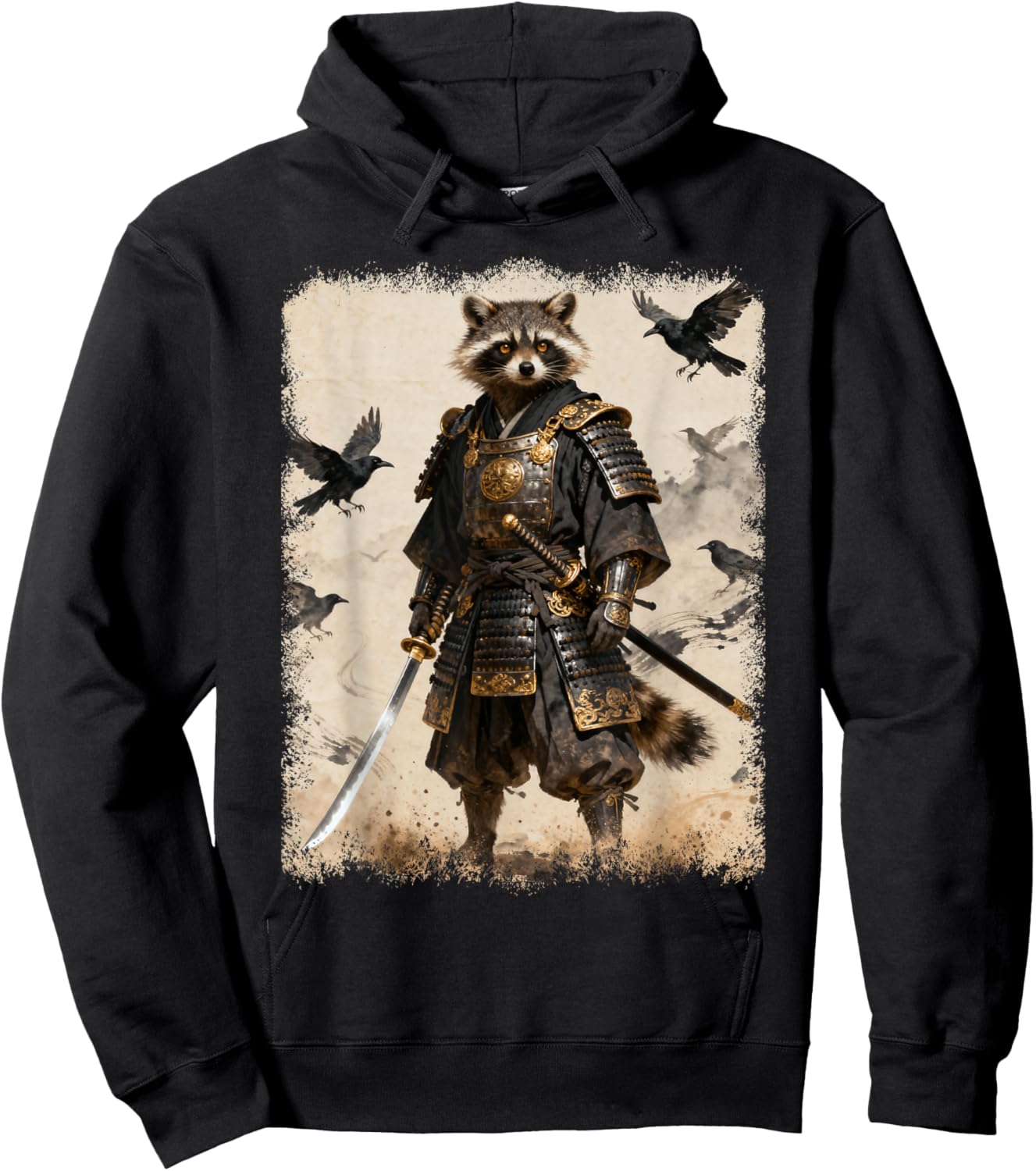 Samurai Raccoon, Anime Graphic , Japanese Warrior Hoodie - Hoodie | Black