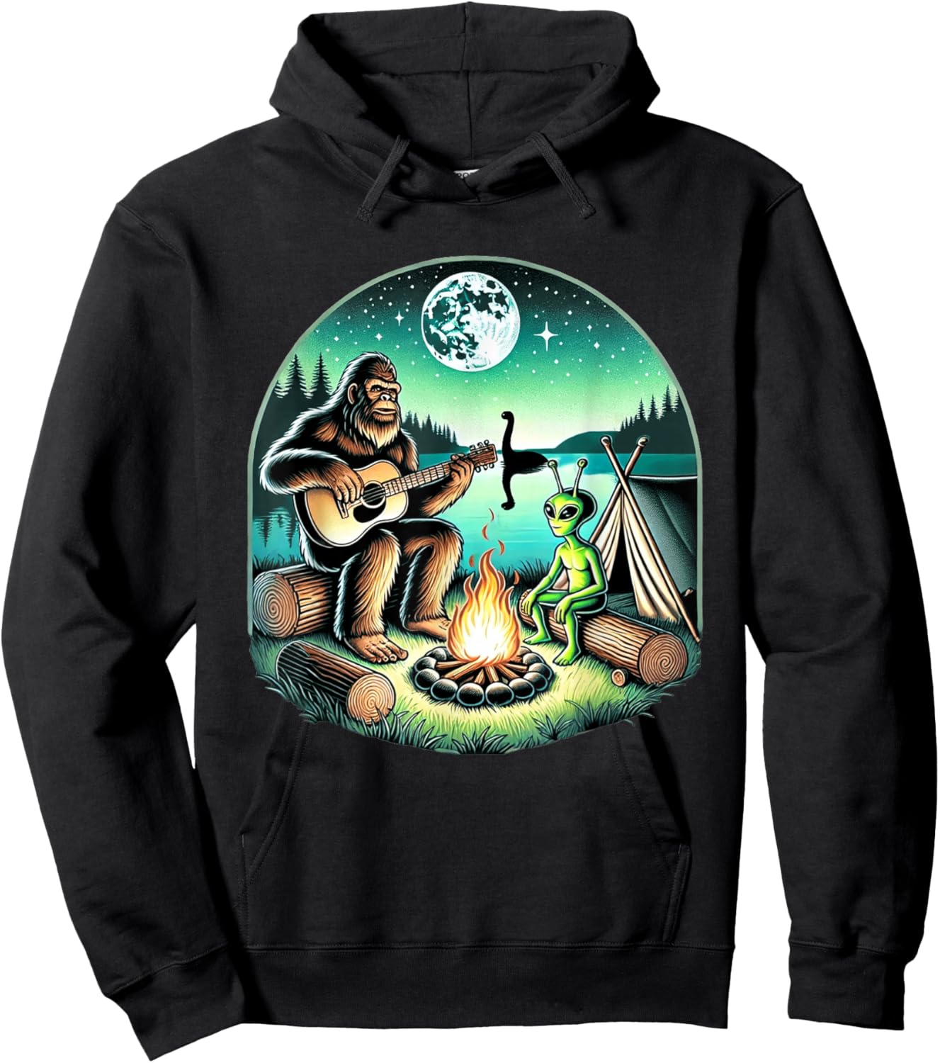 Alien and Bigfoot Loch Ness Campfire Sasquatch Hoodie - Hoodie | Black