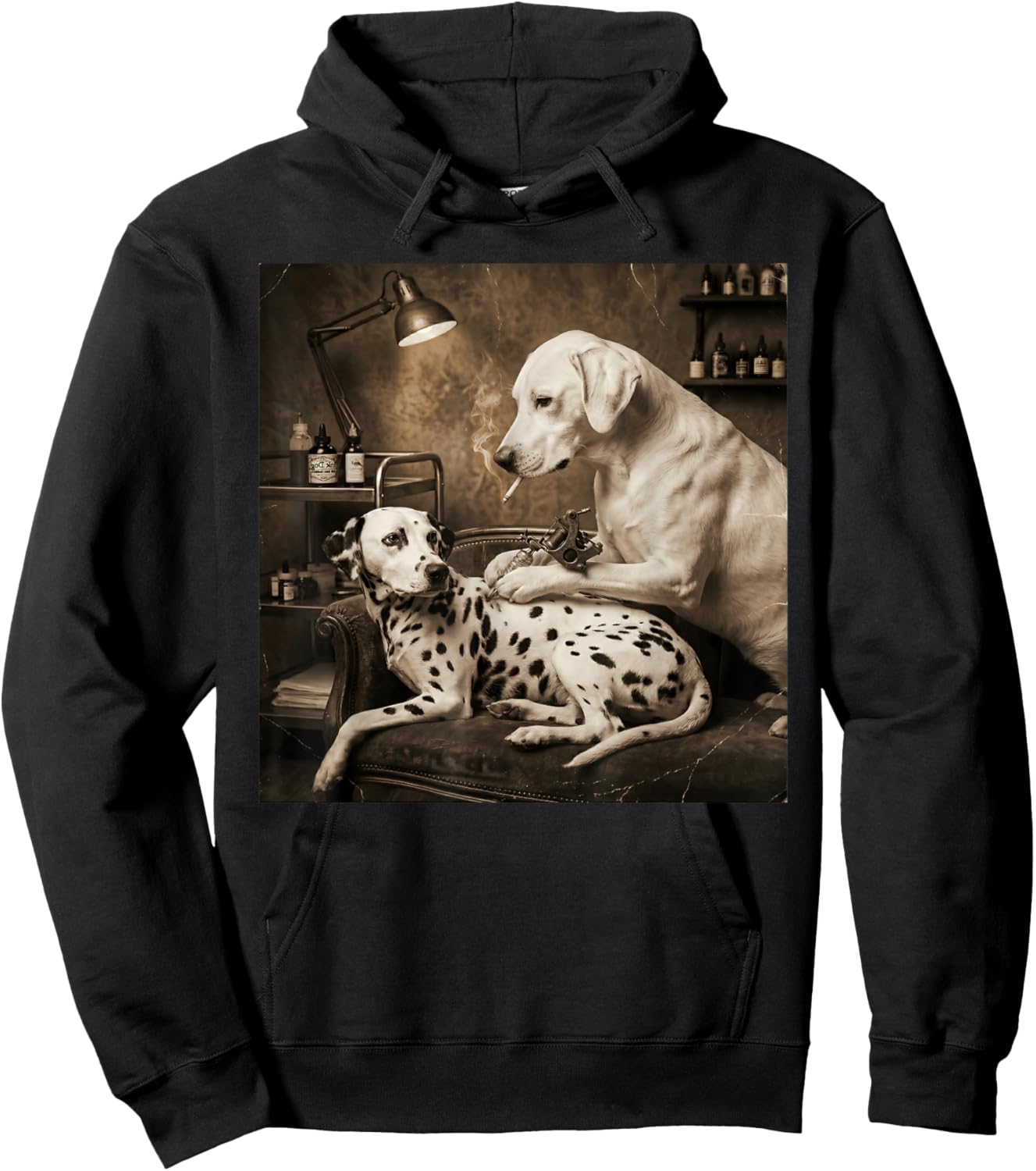 Retro Dalmatian Dog Smoking Tattoo Artist Funny Meme Graphic Hoodie - Hoodie | Black