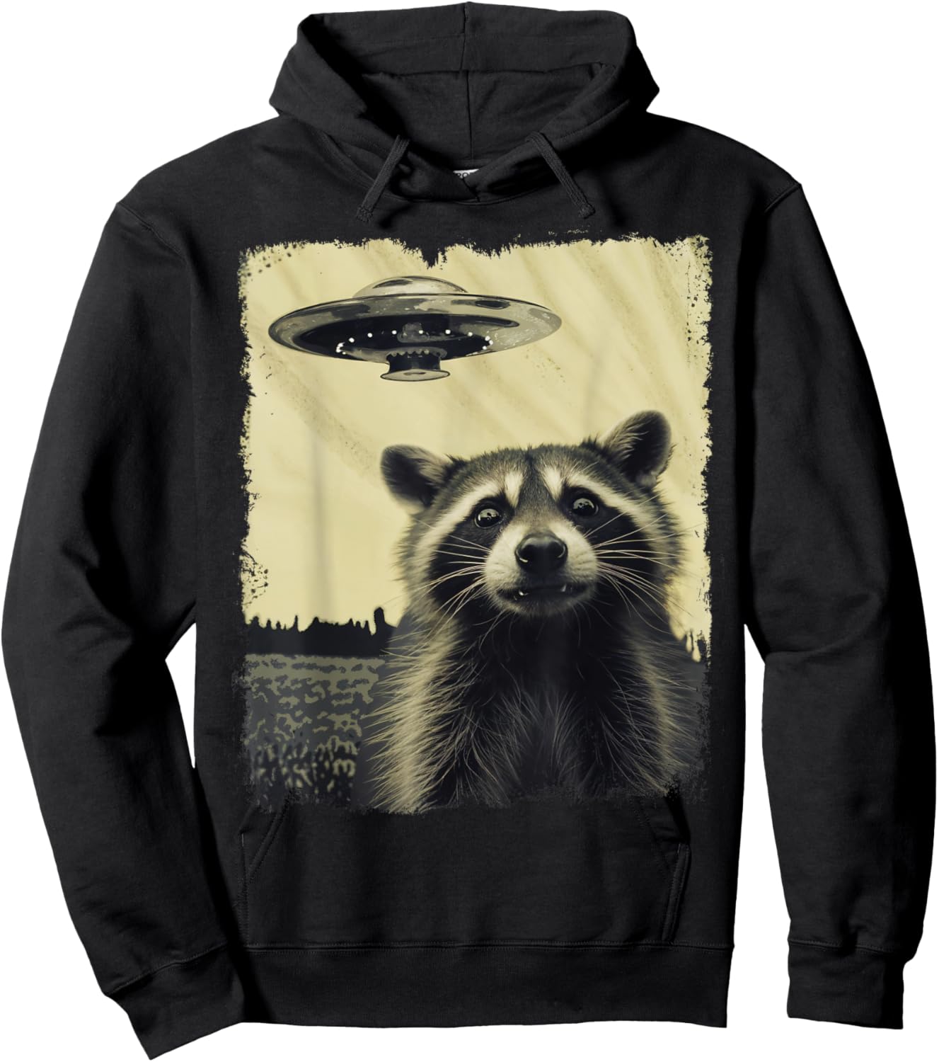 Racoon with UFO Retro Vintage Uncanny Alien UFO Hoodie - Hoodie | Black
