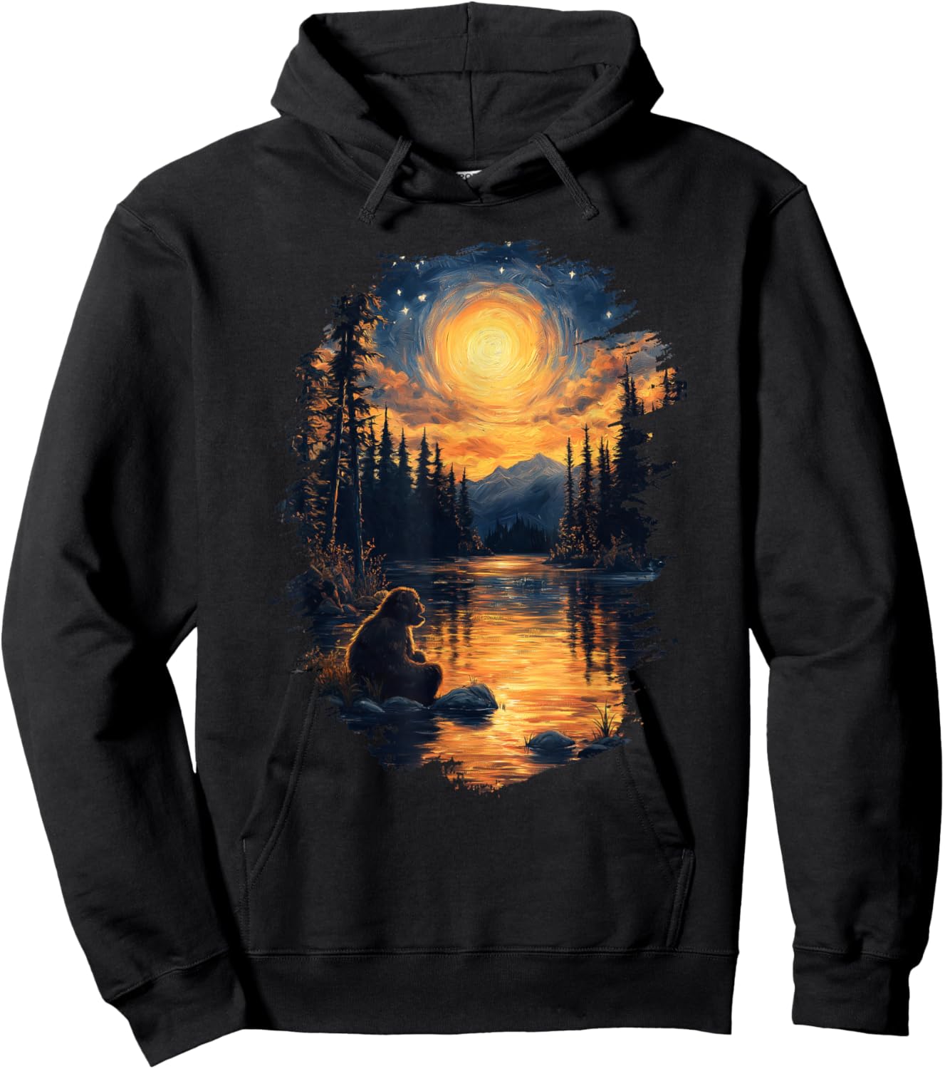 Bigfoot Starry Night Forest Sasquatch Van Gogh Art Hoodie - Hoodie | Black