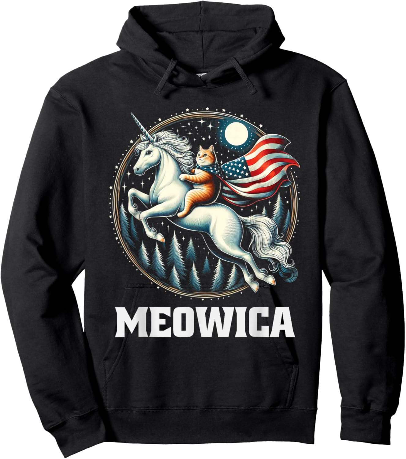 Meowica Cat Riding Unicorn USA Flag 4th Of July Patriotic Hoodie - Hoodie | Black