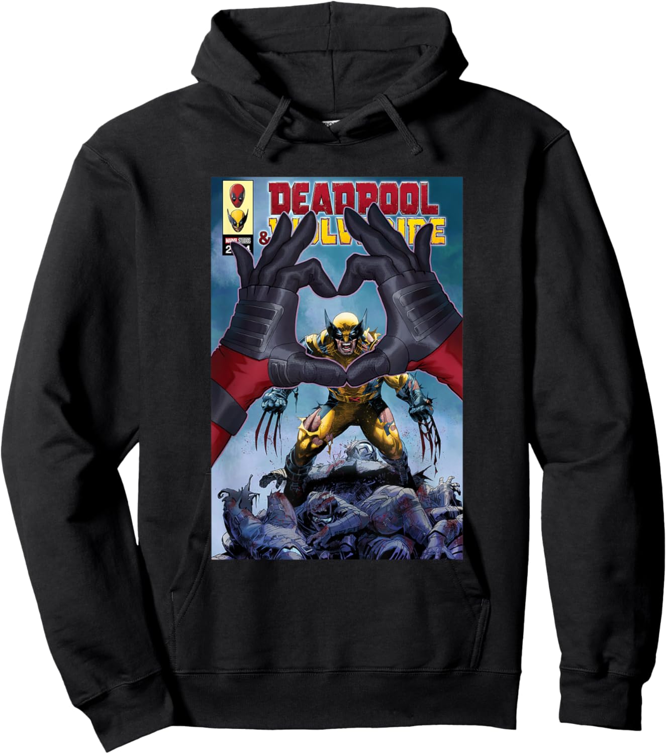 Marvel Studios Deadpool & Wolverine Comic Cover Hand Heart Hoodie - Hoodie | Black