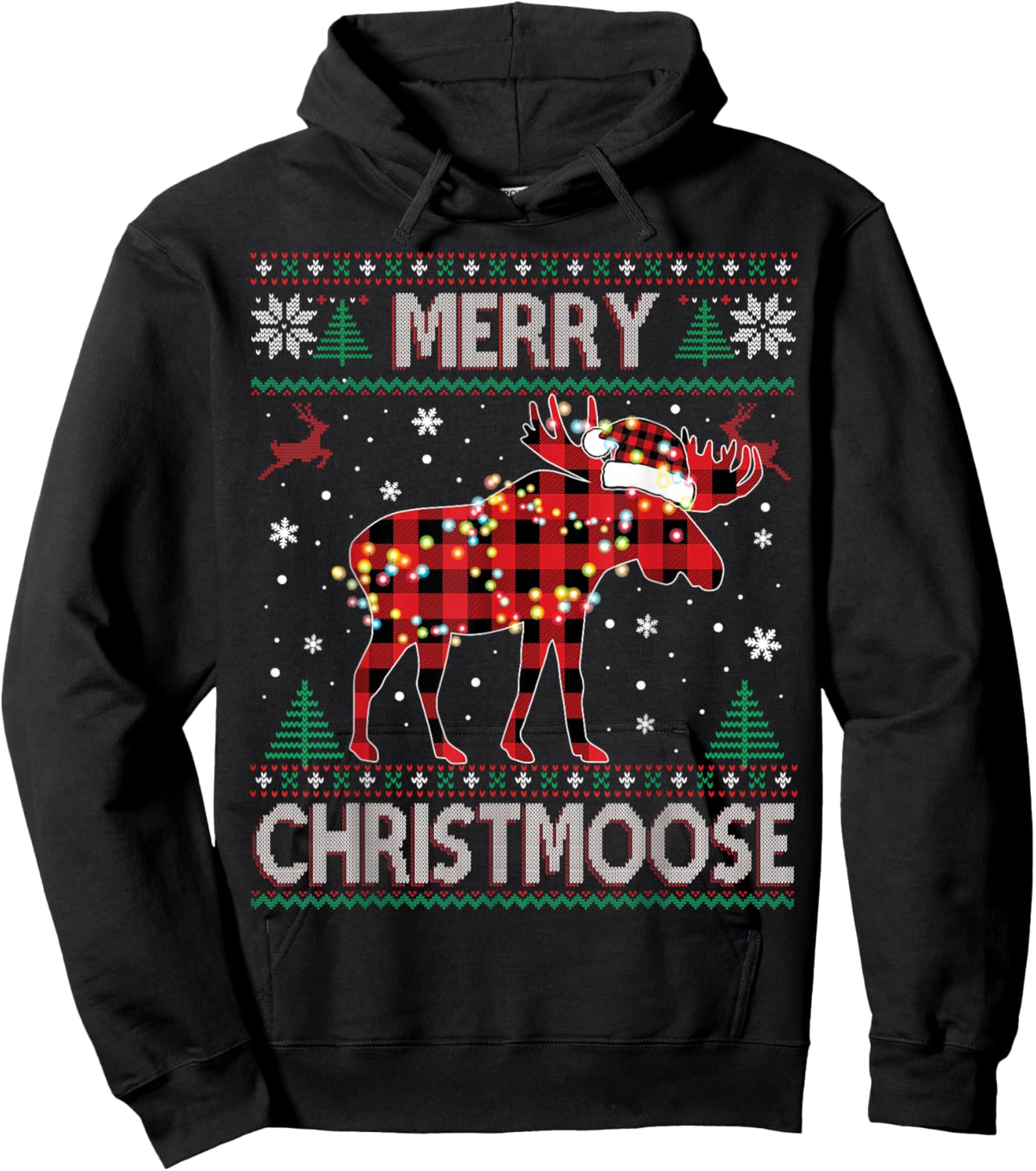 Merry Christmoose Christmas Moose Red Plaid Ugly Sweater Hoodie - Hoodie | Black