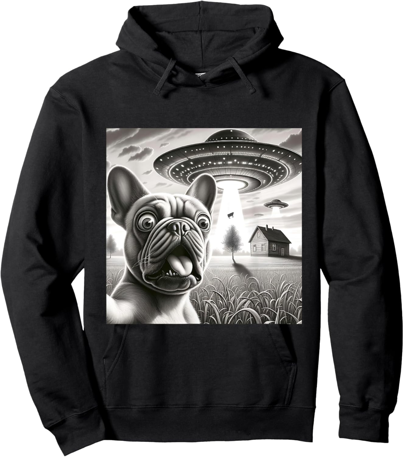 French Bulldog Selfie With Alien UFO Funny Frenchie Pup Hoodie - Hoodie | Black