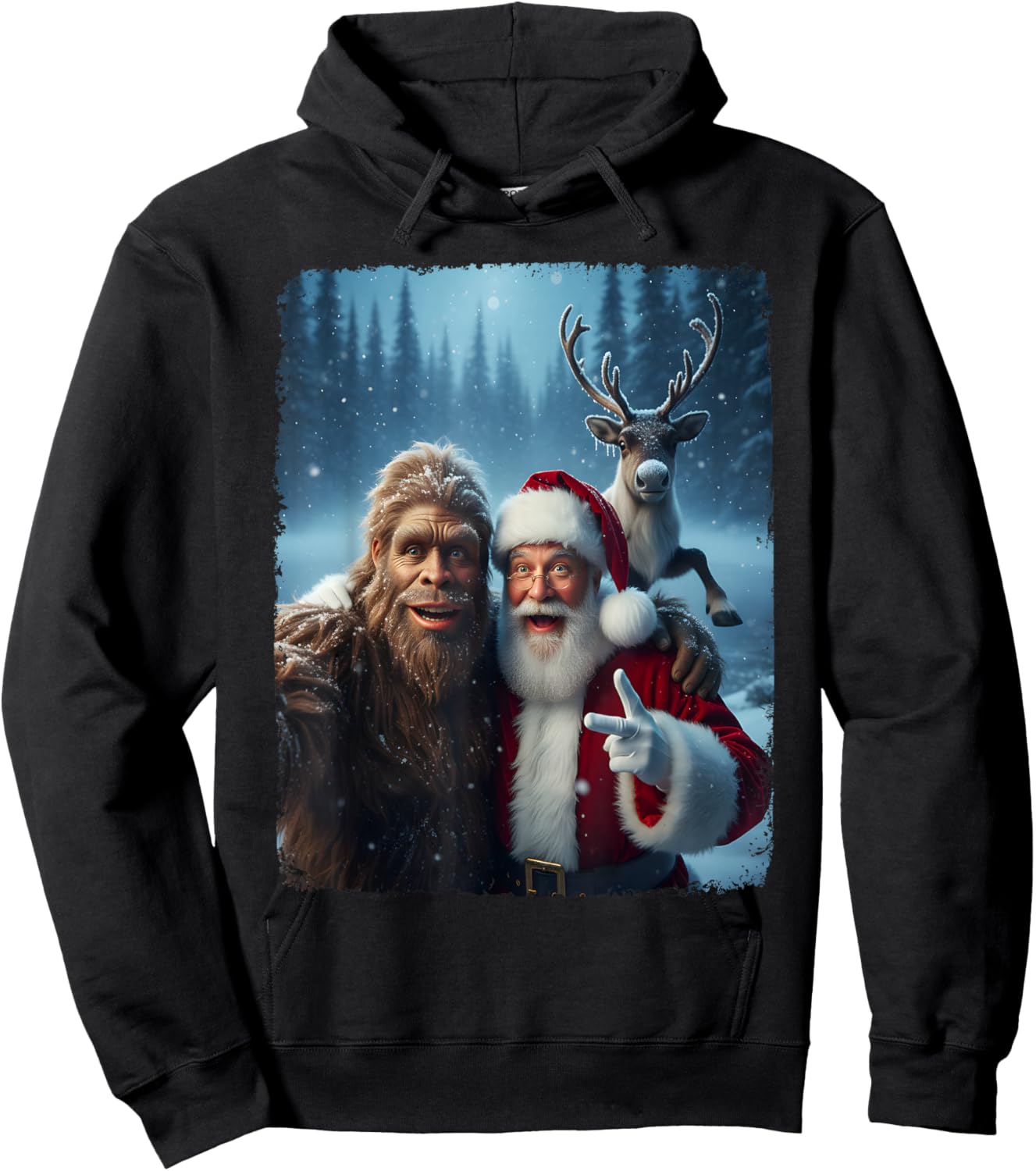 Santa Claus Bigfoot Selfie Top Xmas Meme Funny Christmas Hoodie - Hoodie | Black