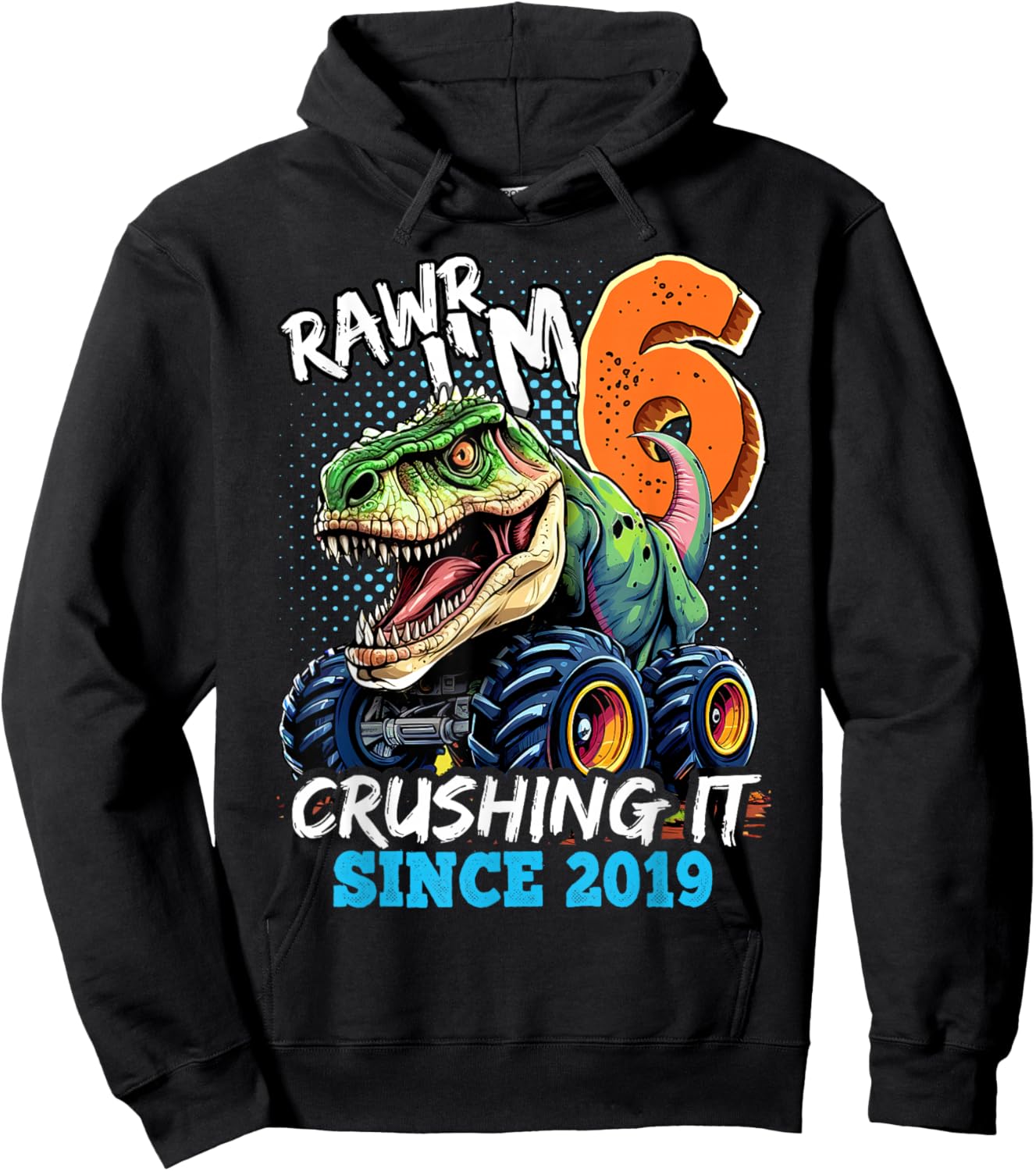 6th Birthday Monster Truck Dinosaur Party Boys Rawr I'm 6 Hoodie - Hoodie | Black