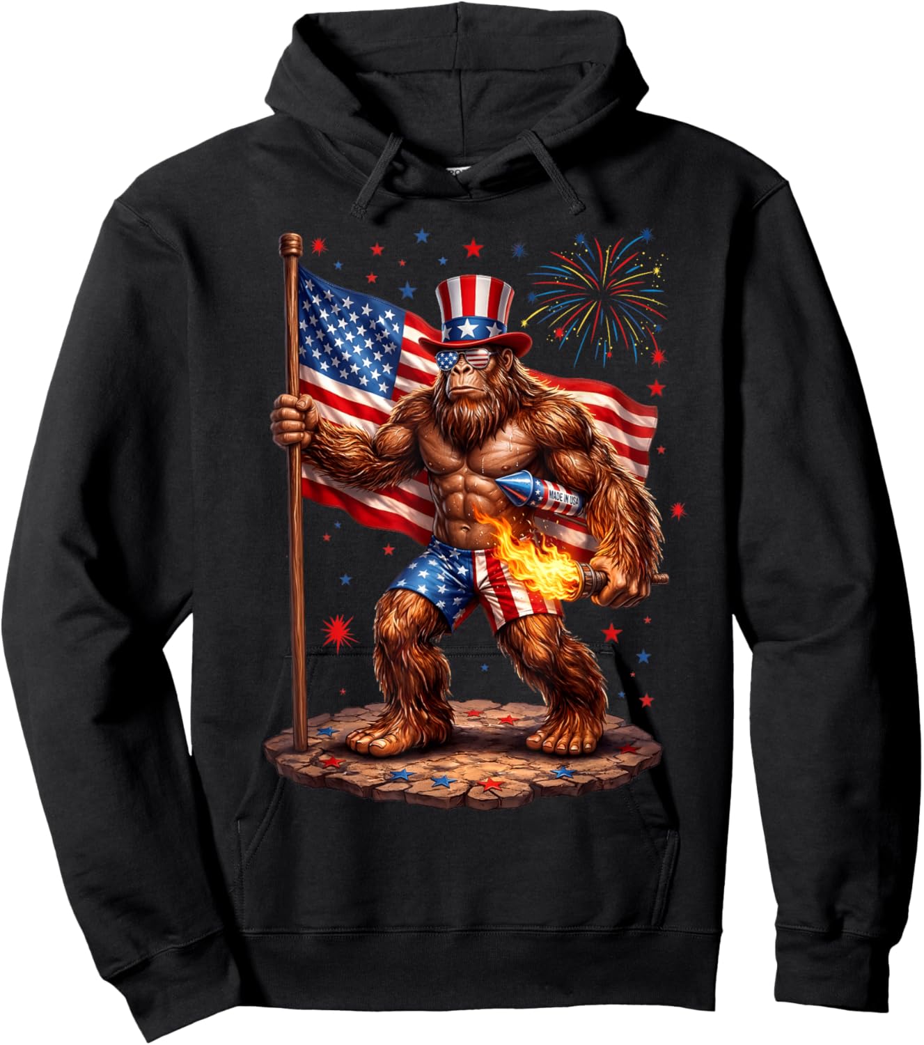Bigfoot 4th of July US American Flag Sasquatch Men Women Kid Hoodie - Hoodie | Black