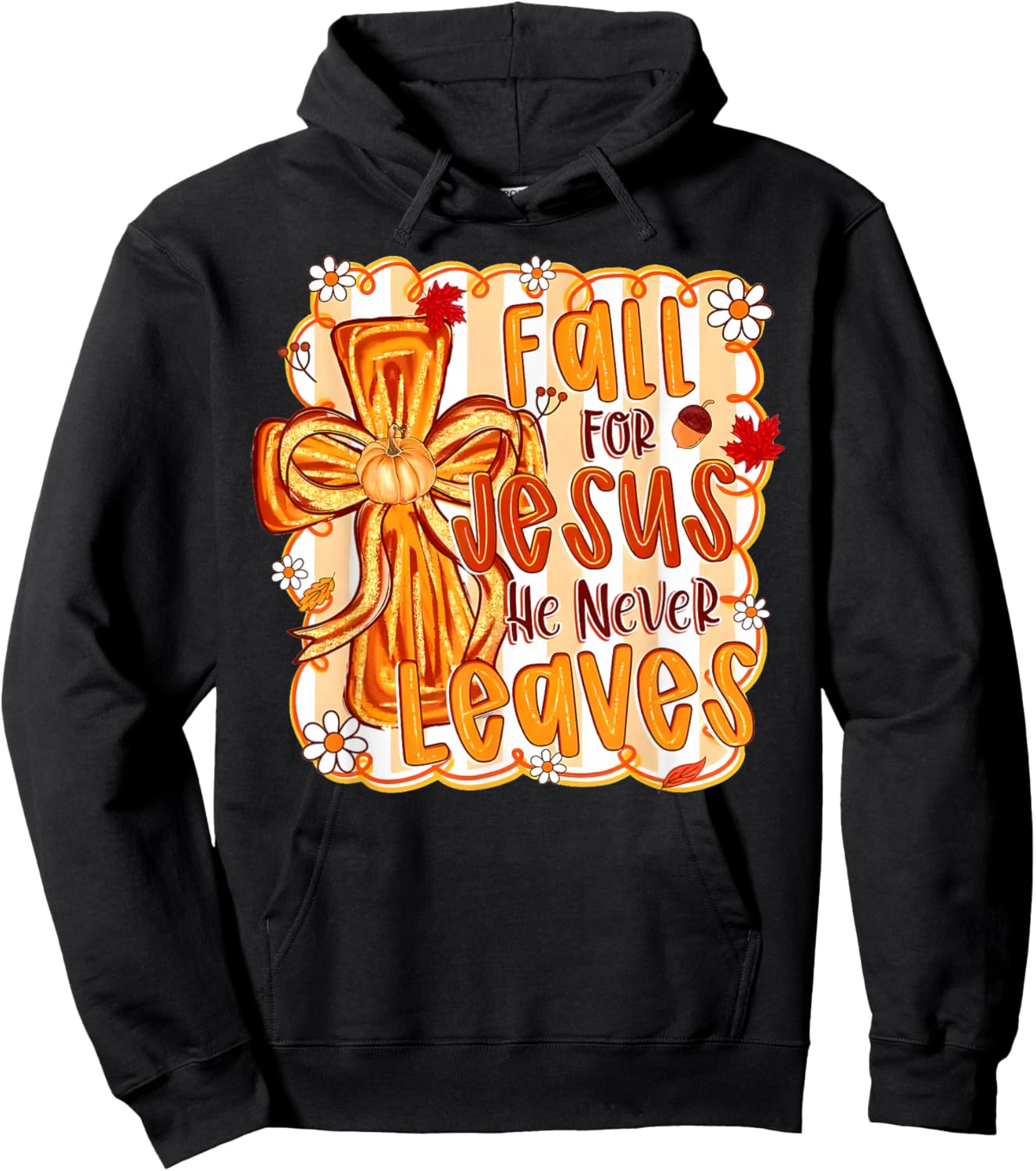 Fall for Jesus He Never Leaves Christian Faith Cross Pumpkin Hoodie - Hoodie | Black