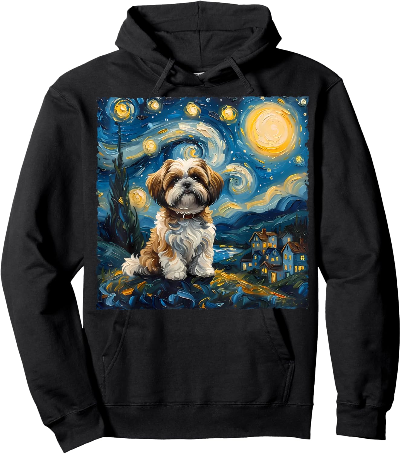 Shih Tzu Dog Lovers The Starry Night Van Gogh Style Painting Hoodie - Hoodie | Black