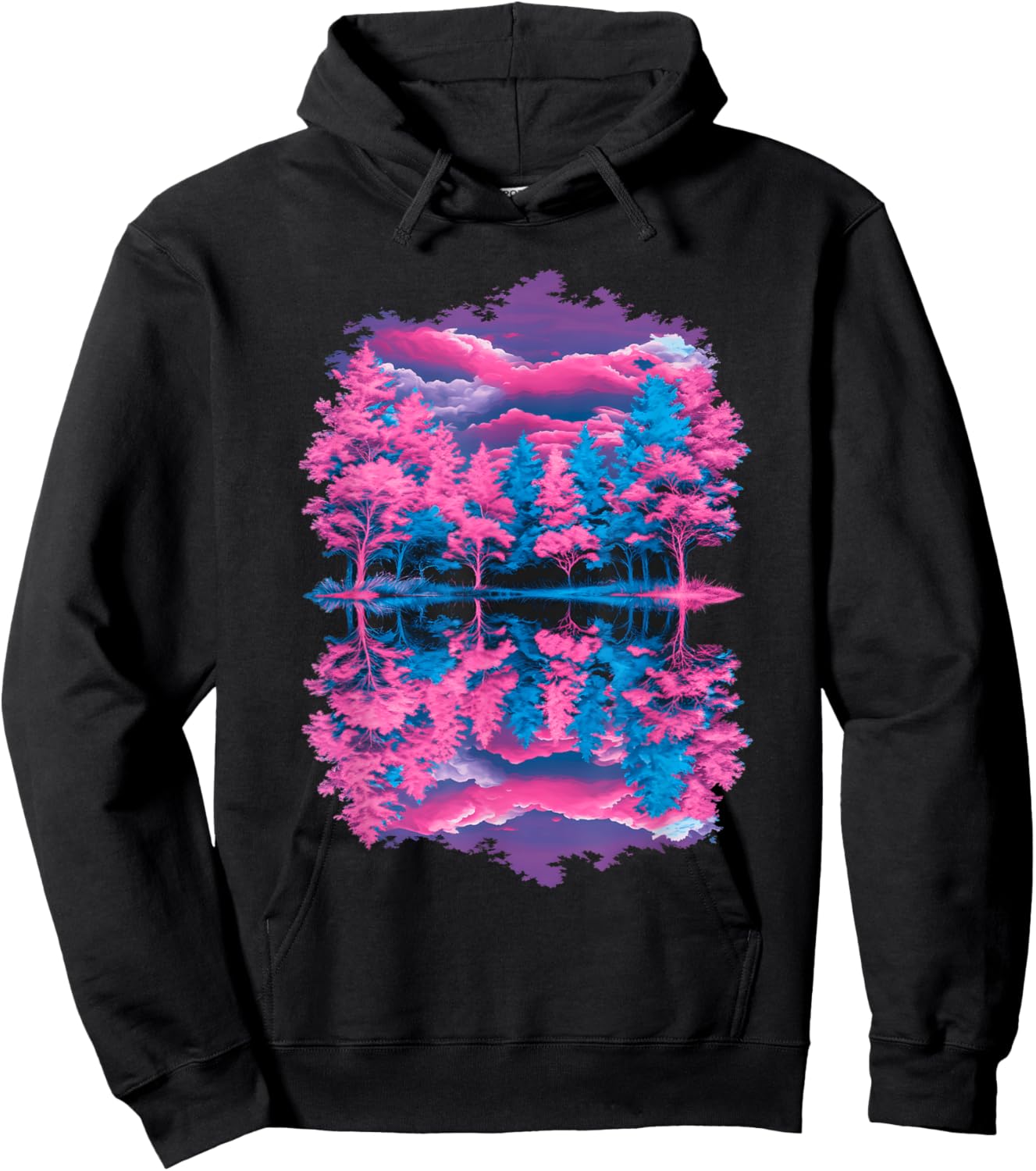 Pink Blue Vaporwave Retro Trees Reflection Serene Lake Art Hoodie - Hoodie | Black