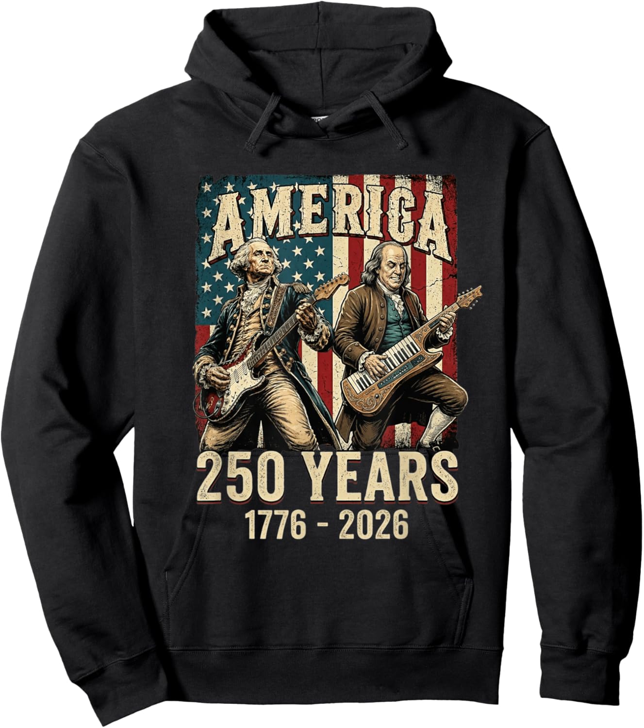 George Washington Benjamin Franklin Guitar 250 Years America Hoodie - Hoodie | Black