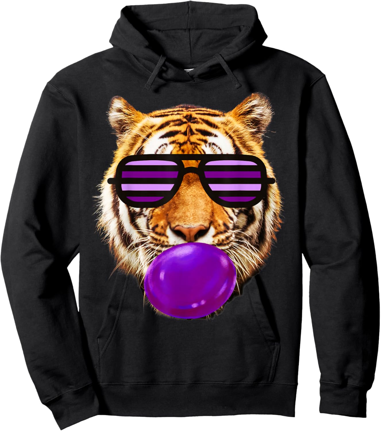 Purple bubble Gum tiger Stripe Cute Tiger with sunglasses Hoodie - Hoodie | Black
