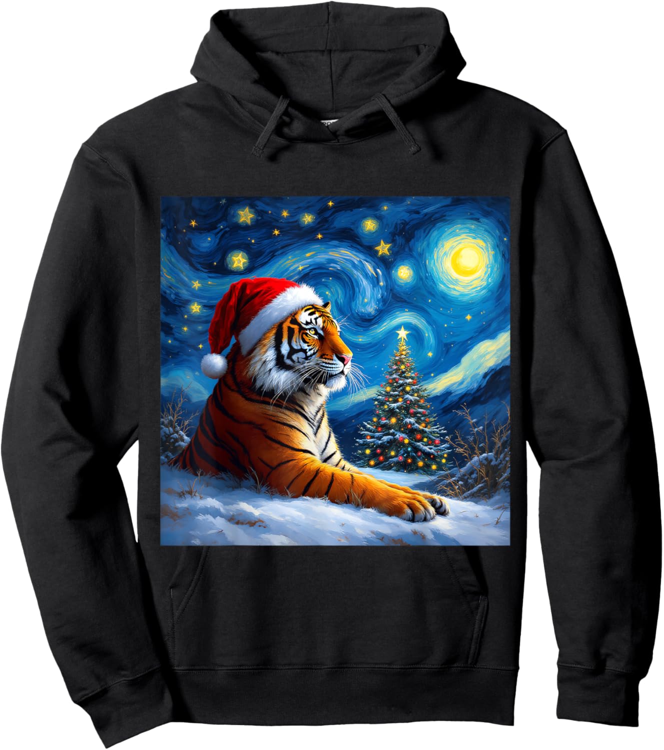 Christmas Tiger Santa Hat Van Gogh Starry Night Holiday Hoodie - Hoodie | Black