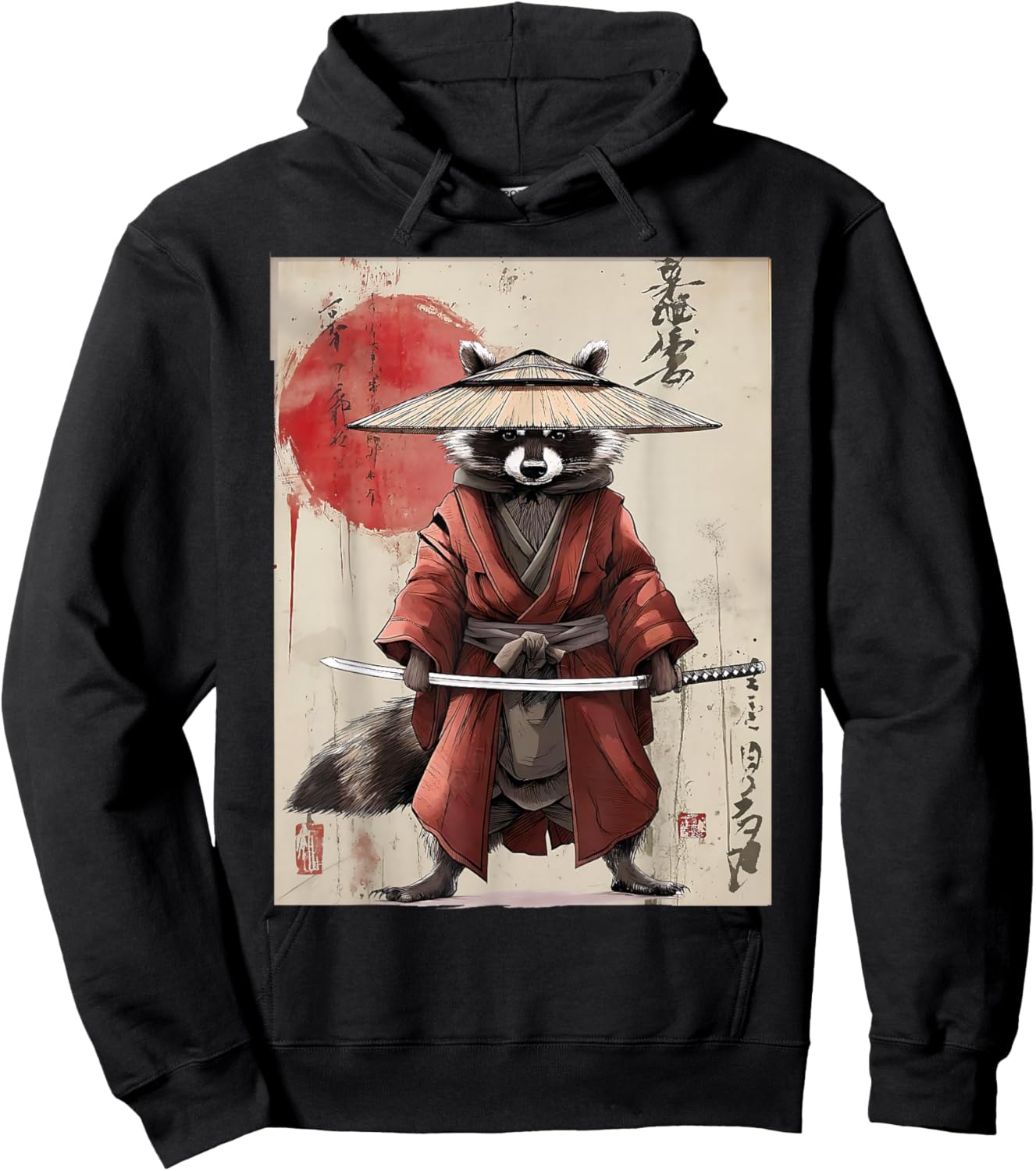Vintage Samurai Raccoon Otaku Tanuki Japanese Cute Raccoon Hoodie - Hoodie | Black