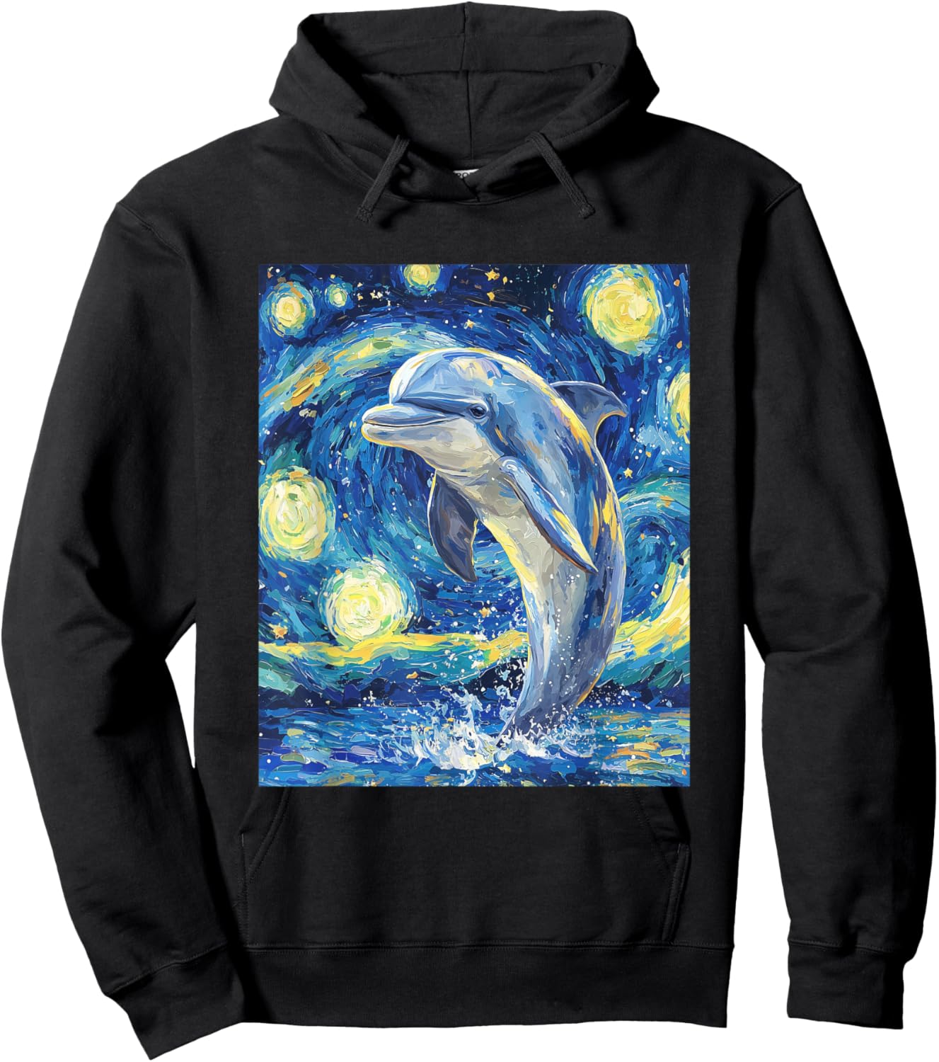 Cute Dolphin - Van Gogh Style - Starry Night Graphic Hoodie - Hoodie | Black