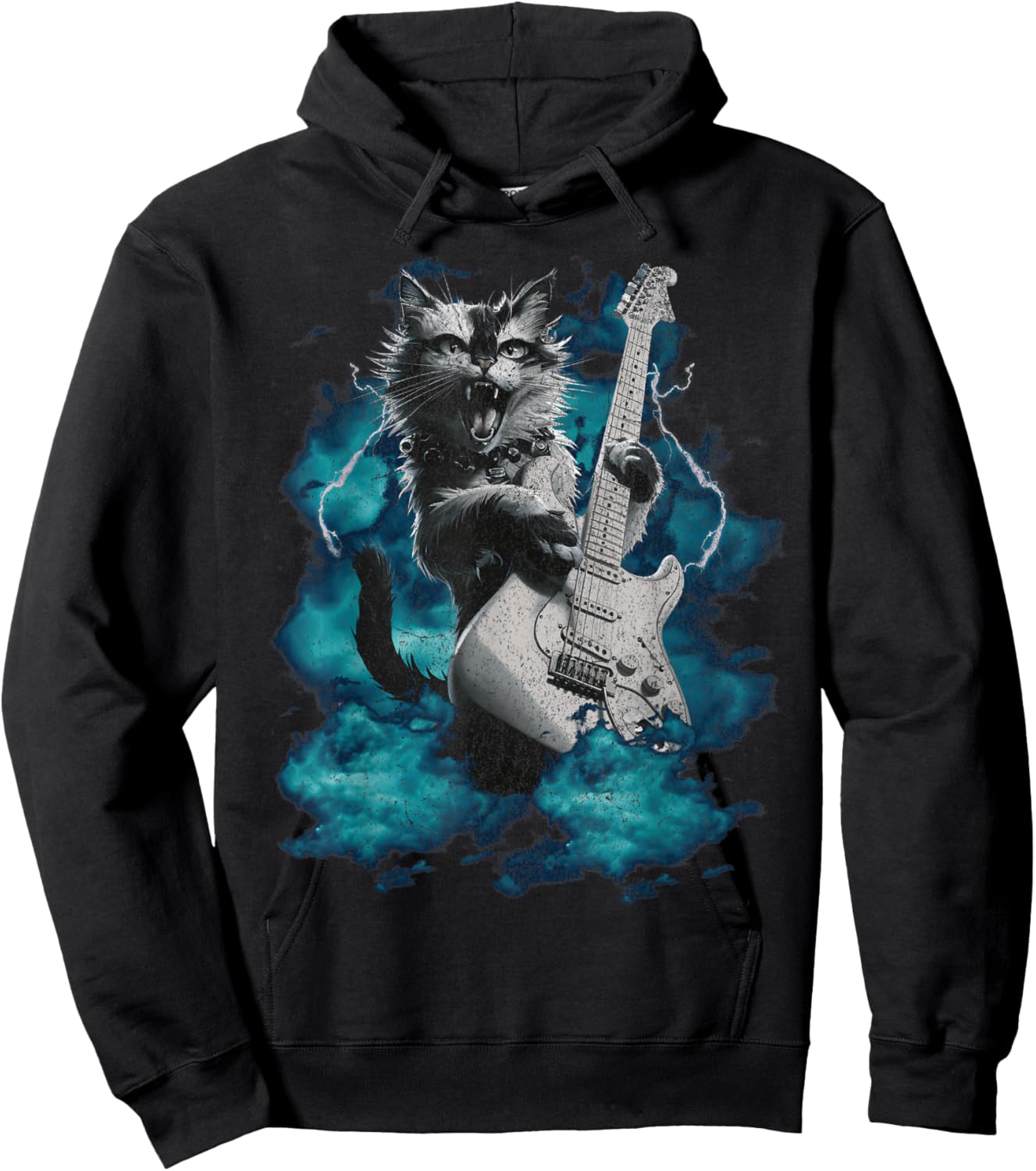 Cool Guitar Cat Kittie Rock Band Music Thunder Rockstar Men Women Hoodie - Hoodie | Black