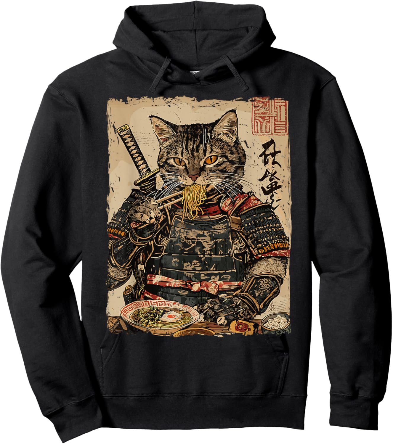 Samurai Cat Loves Ramen Funny Anime Japanese Artwork Samurai Hoodie - Hoodie | Black