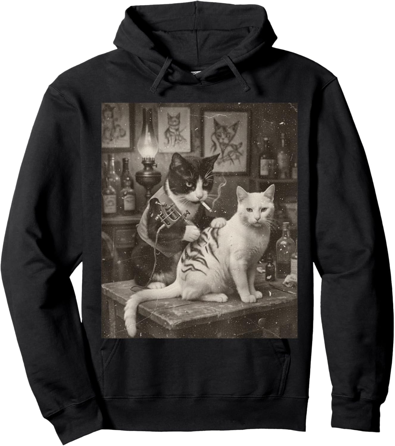 Vintage Cat Smoking Tattoo Inked Kitty Artist Funny Meme Hoodie - Hoodie | Black