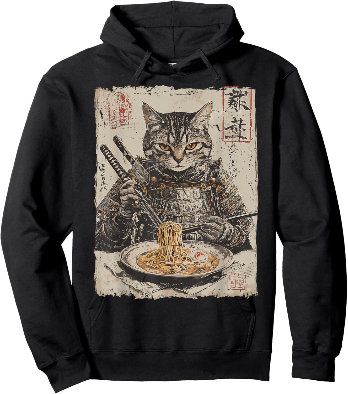 Samurai Cat Loves Ramen Funny Anime Japanese Artwork Samurai Hoodie - Hoodie | Black