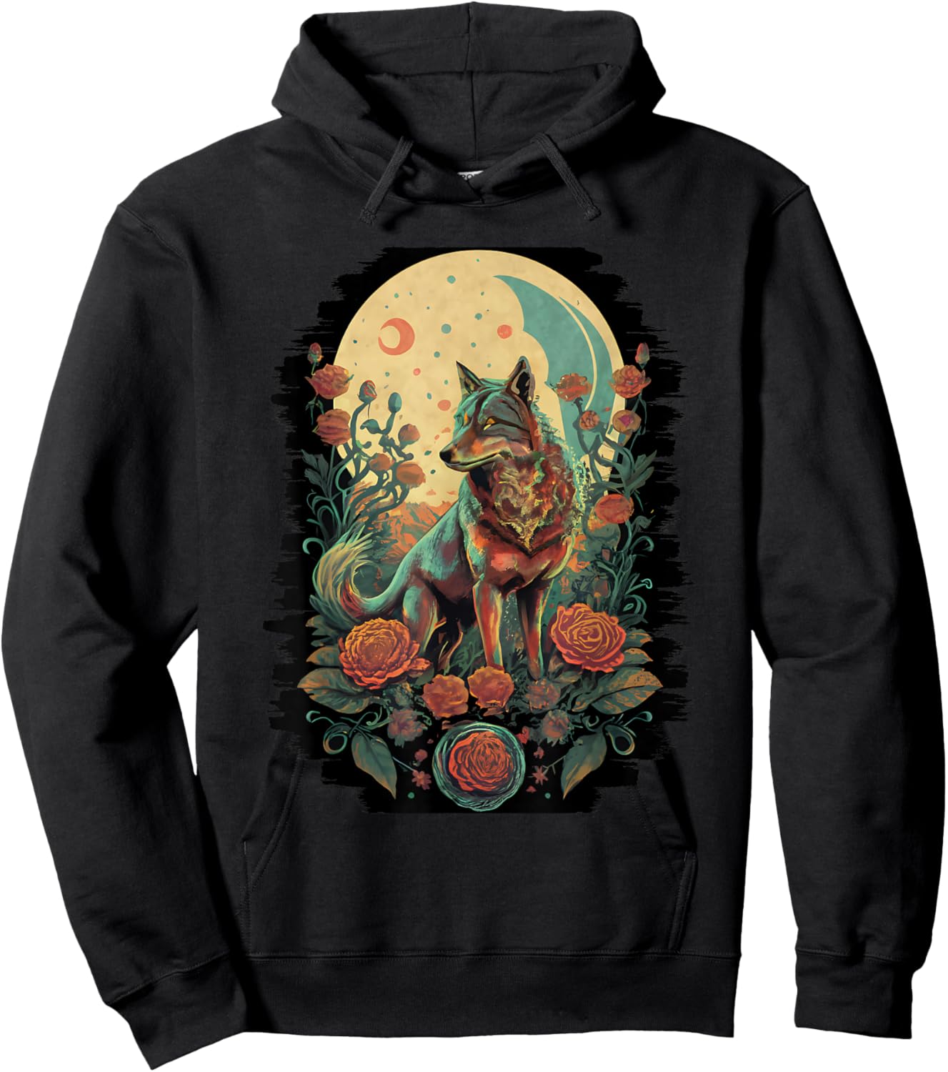 Botanical Wolf Women Roses Full Moon Children Floral Wolf Hoodie - Hoodie | Black