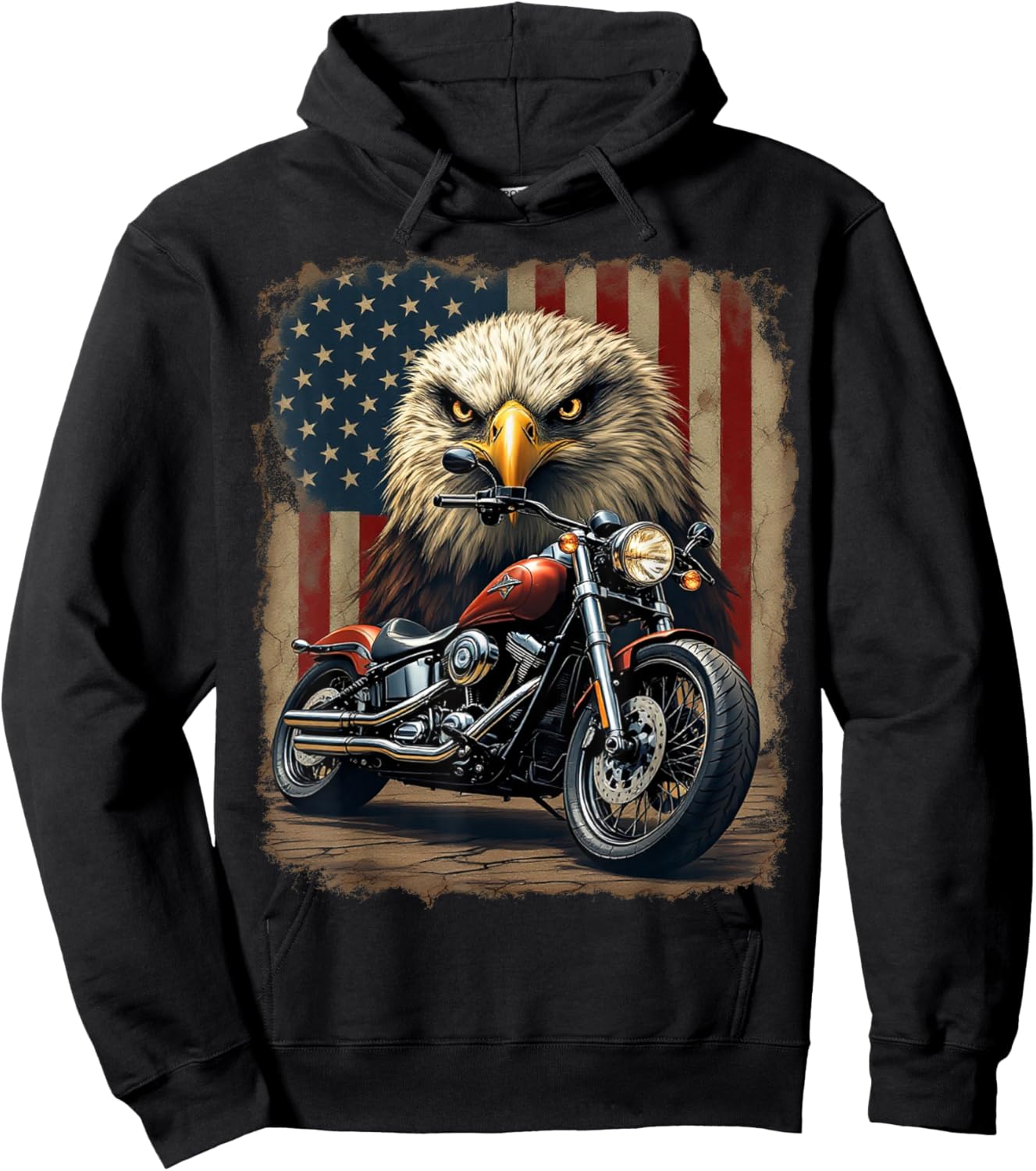 Motorcycle USA Flag Retro Biker Chopper Hoodie - Hoodie | Black