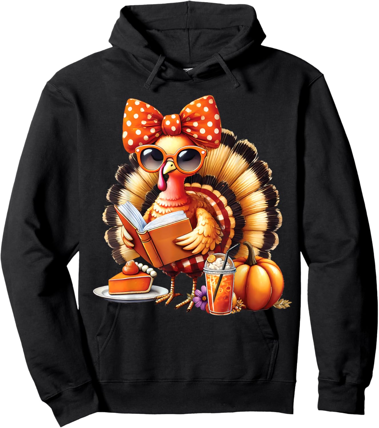 Cute Turkey Reading Book Lovers Thanksgiving Bow Hoodie - Hoodie | Black