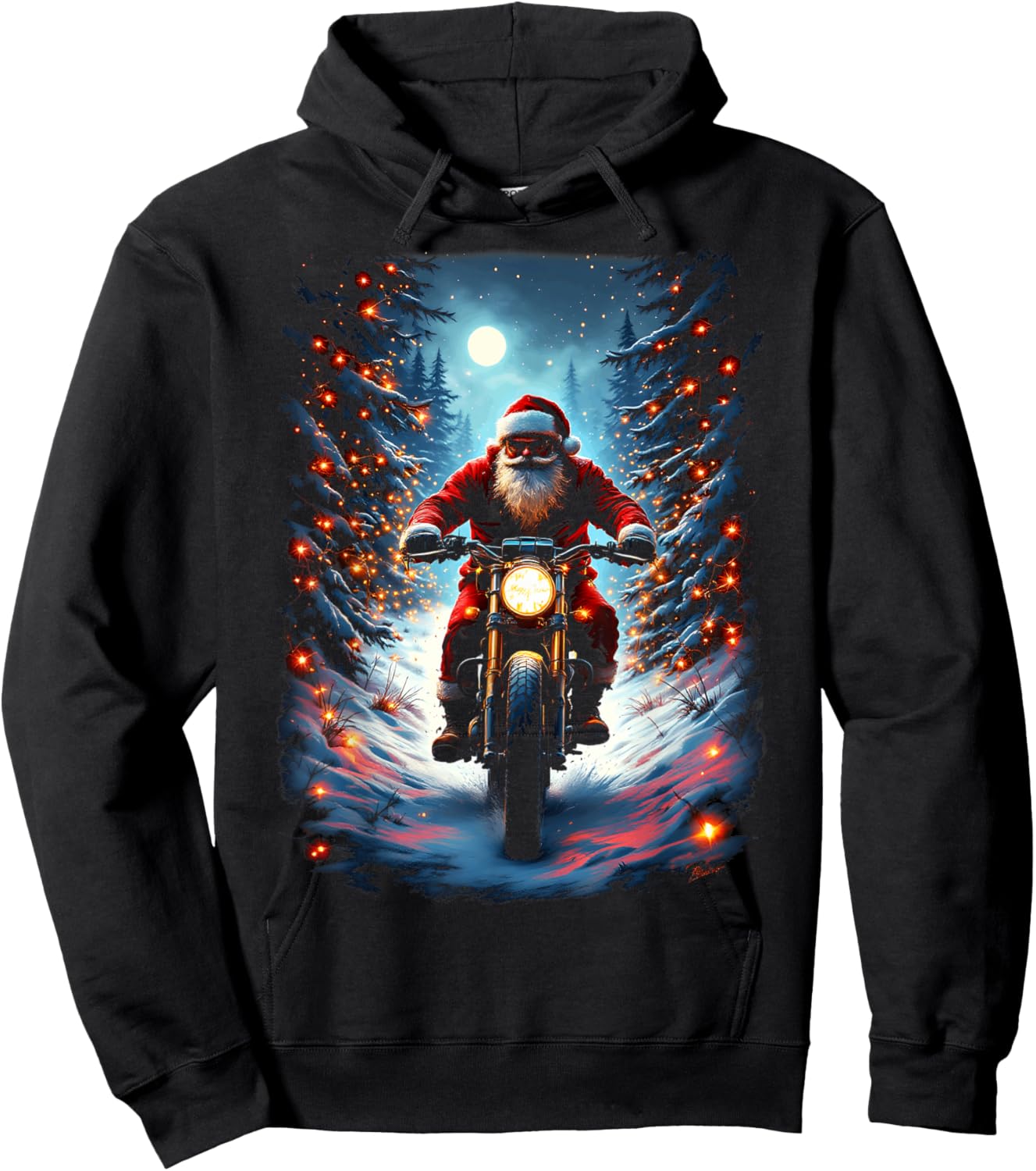 Santa Claus Biker Riding Motorcycle Christmas Moon Hoodie - Hoodie | Black