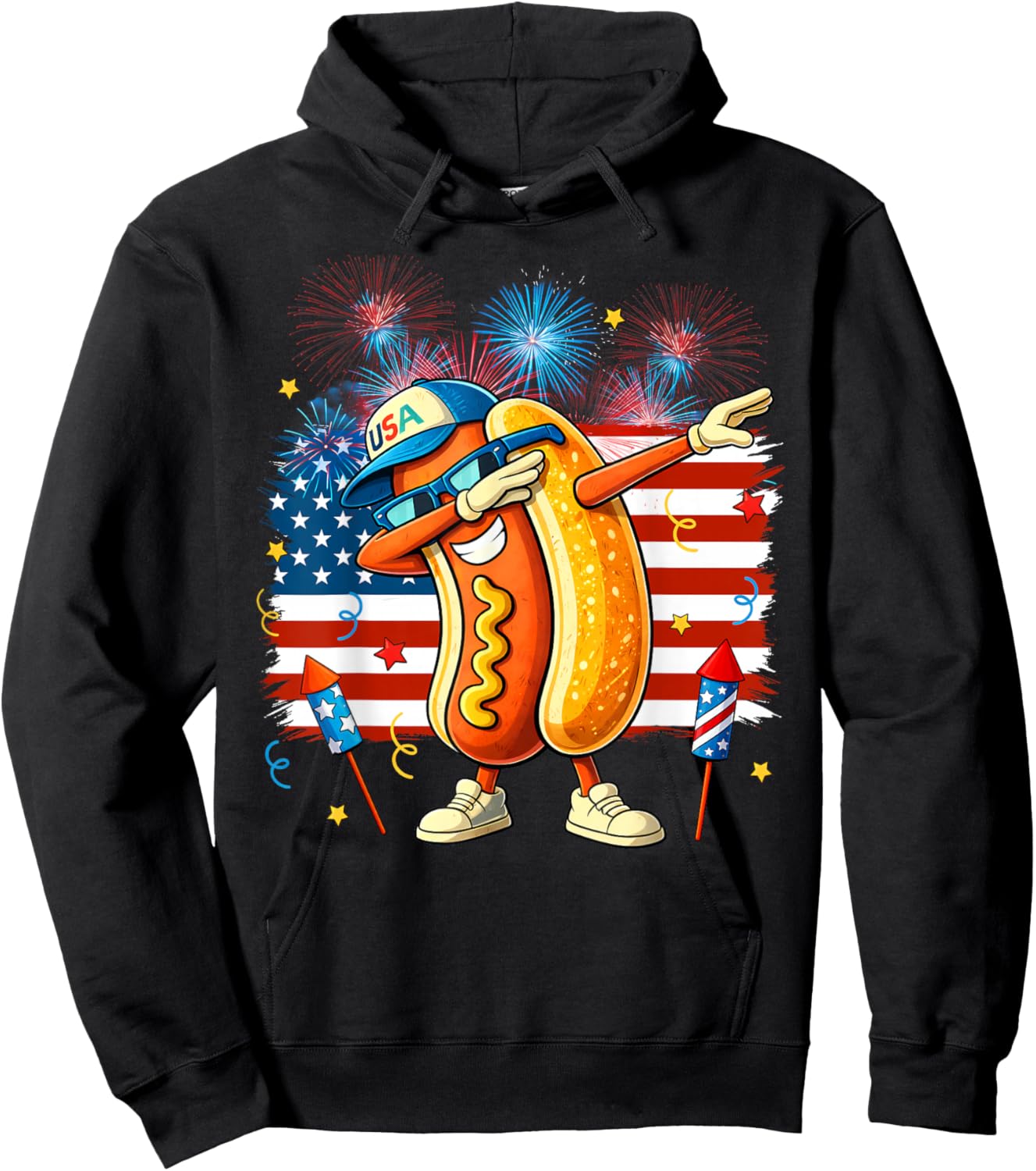 Funny Hotdog Dabbing Firework Patriotic USA Flag 4th of July Hoodie - Hoodie | Black