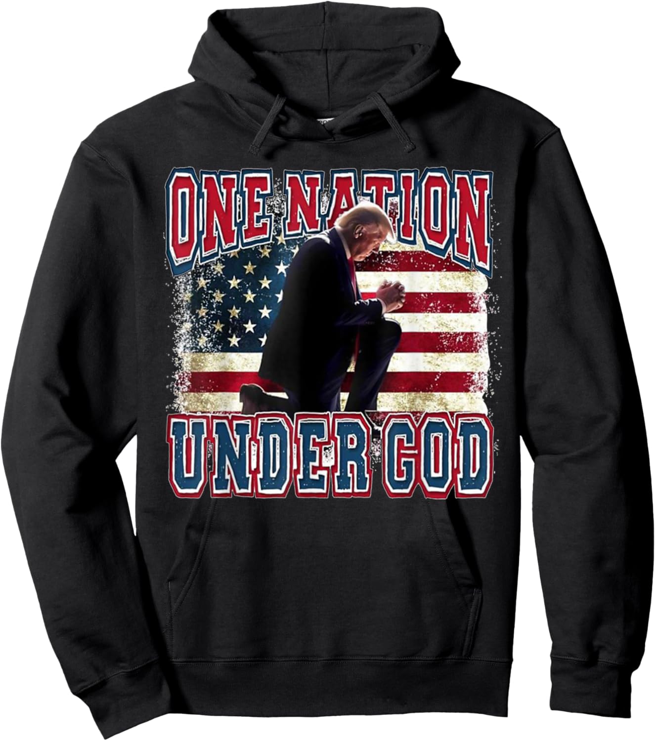 One Nation Under God Trump Pray Jesus USA Flag Distressed Hoodie - Hoodie | Black
