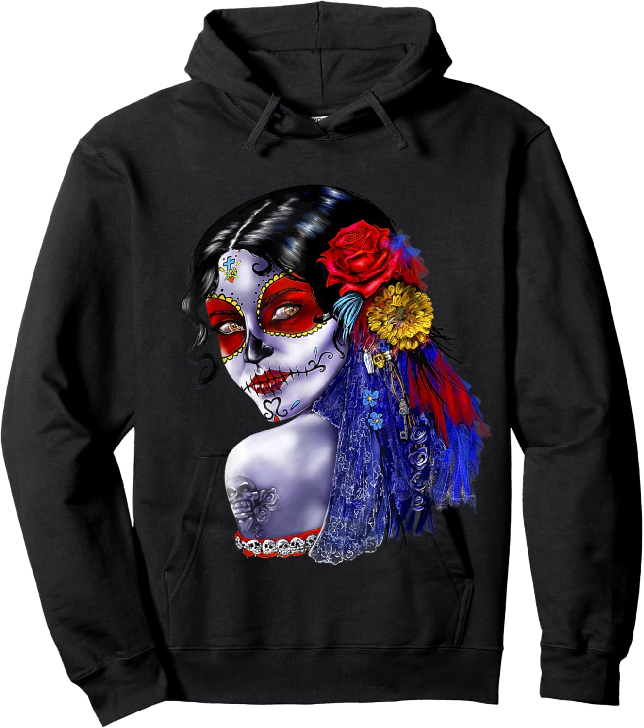Day Of The Dead Beauty With Flowers Hoodie - Hoodie | Black