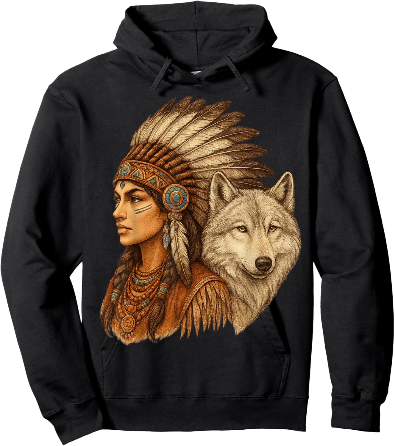 Indian Native American Woman with White Wolf Vitage Hoodie - Hoodie | Black