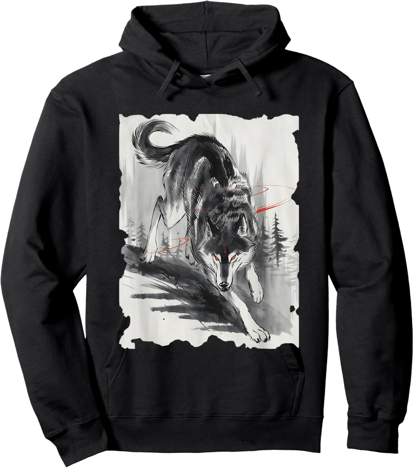 Wolf Sumi-e Graphic - Vintage Japanese Art Wolf Lover Hoodie - Hoodie | Black
