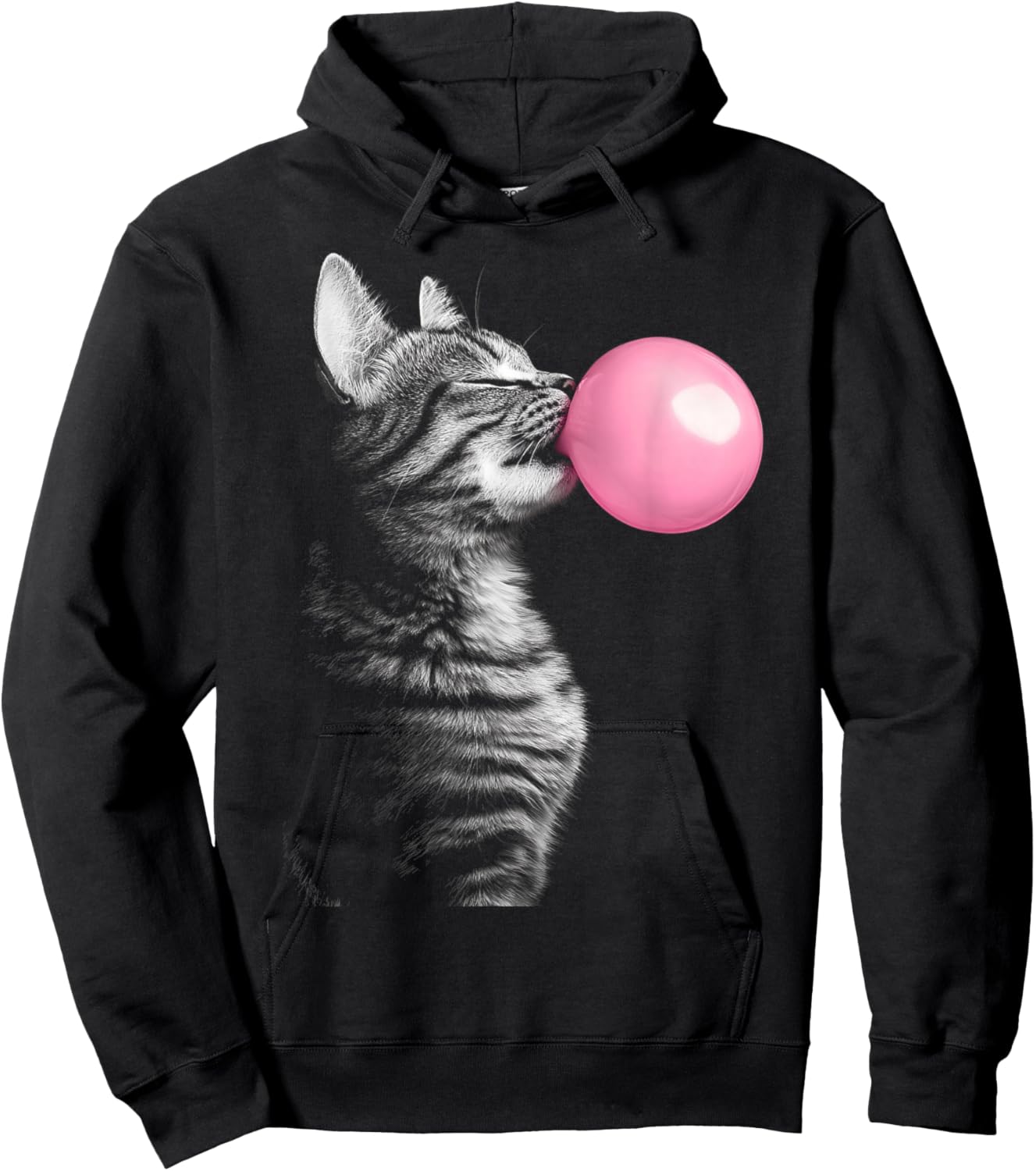 Black Graphic Cat Blowing Chewing Bubble Gum Pink Men Women Kids Hoodie - Hoodie | Black