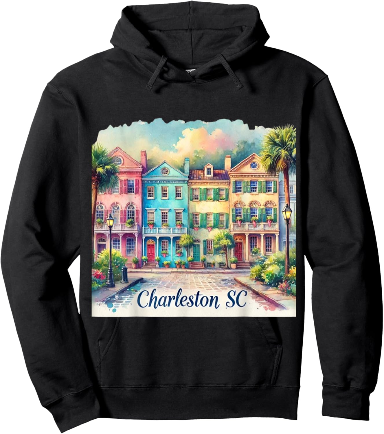Charleston SC Rainbow Row Colorful Houses Hoodie - Hoodie | Black
