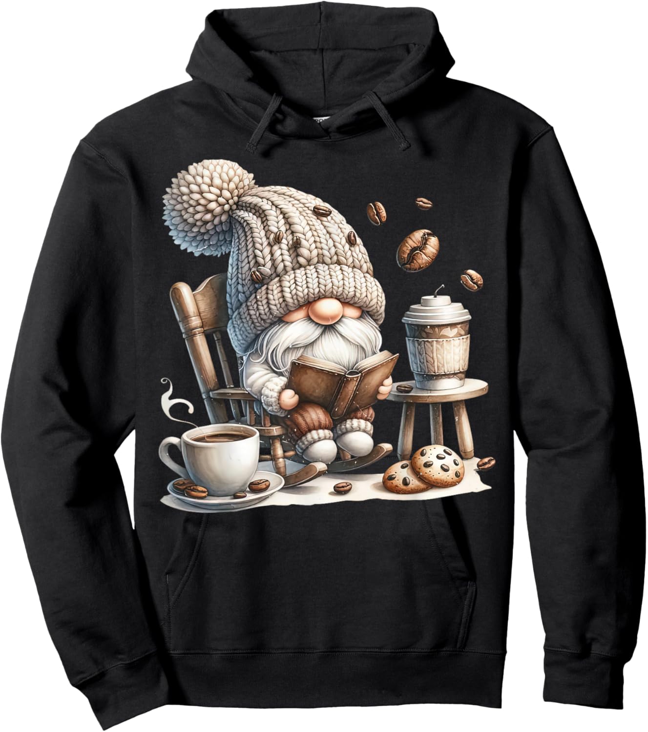Vintage Cute Gnome Reading Book Coffee Cute Gnome Graphic Hoodie - Hoodie | Black