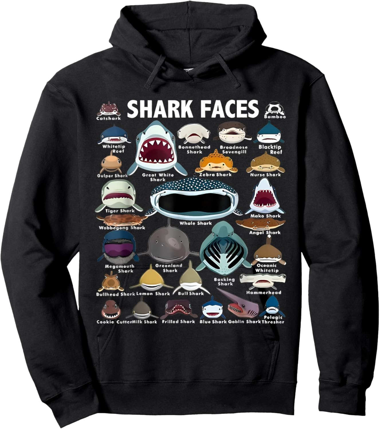 Types Of Shark Identification Shark Faces Marine Biology Hoodie - Hoodie | Black