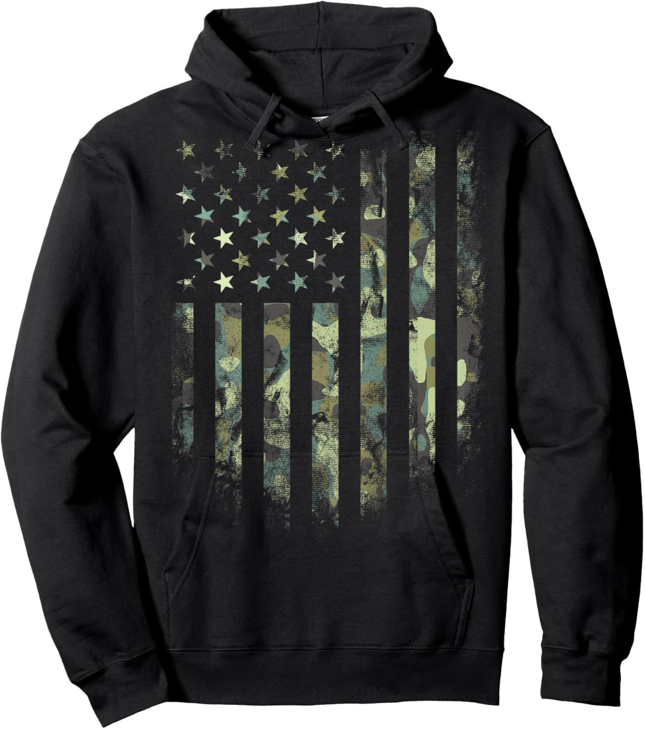 (Art on Back) American Flag Green Camo Camouflage Hoodie - Hoodie | Black