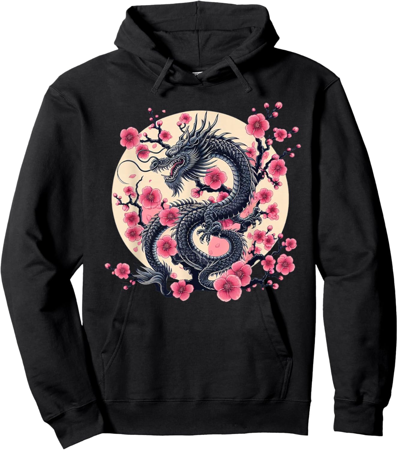 Vintage Chinese Dragon Asian Art Cherry Blossom Pink Flower Hoodie - Hoodie | Black