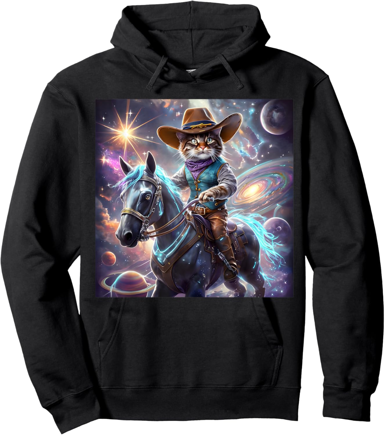 Cat Cowboy Rainbow Galaxy Kitten Riding Horse Cowboy Hat Hoodie - Hoodie | Black