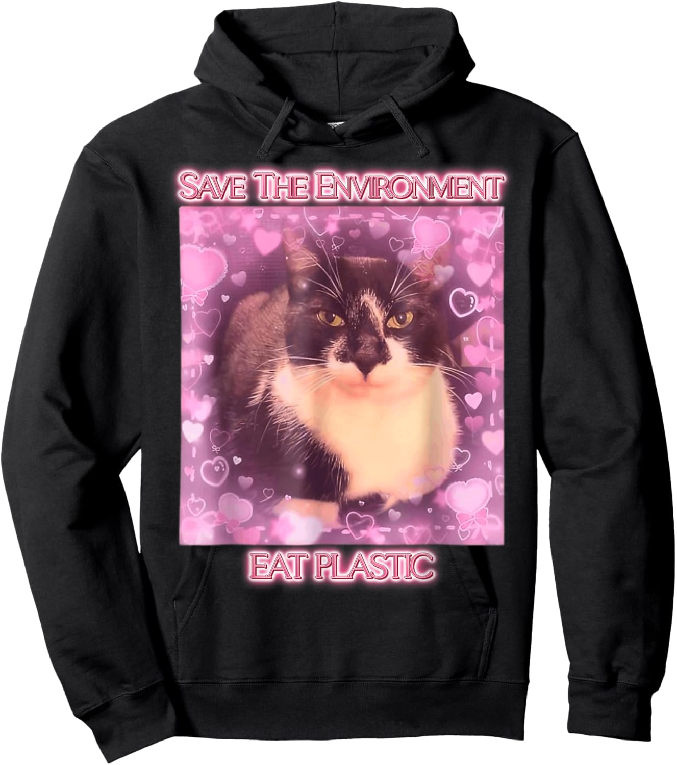 Save The Environment Eat Plastic Cat Meme Funny Memes Gen Z Hoodie - Hoodie | Black
