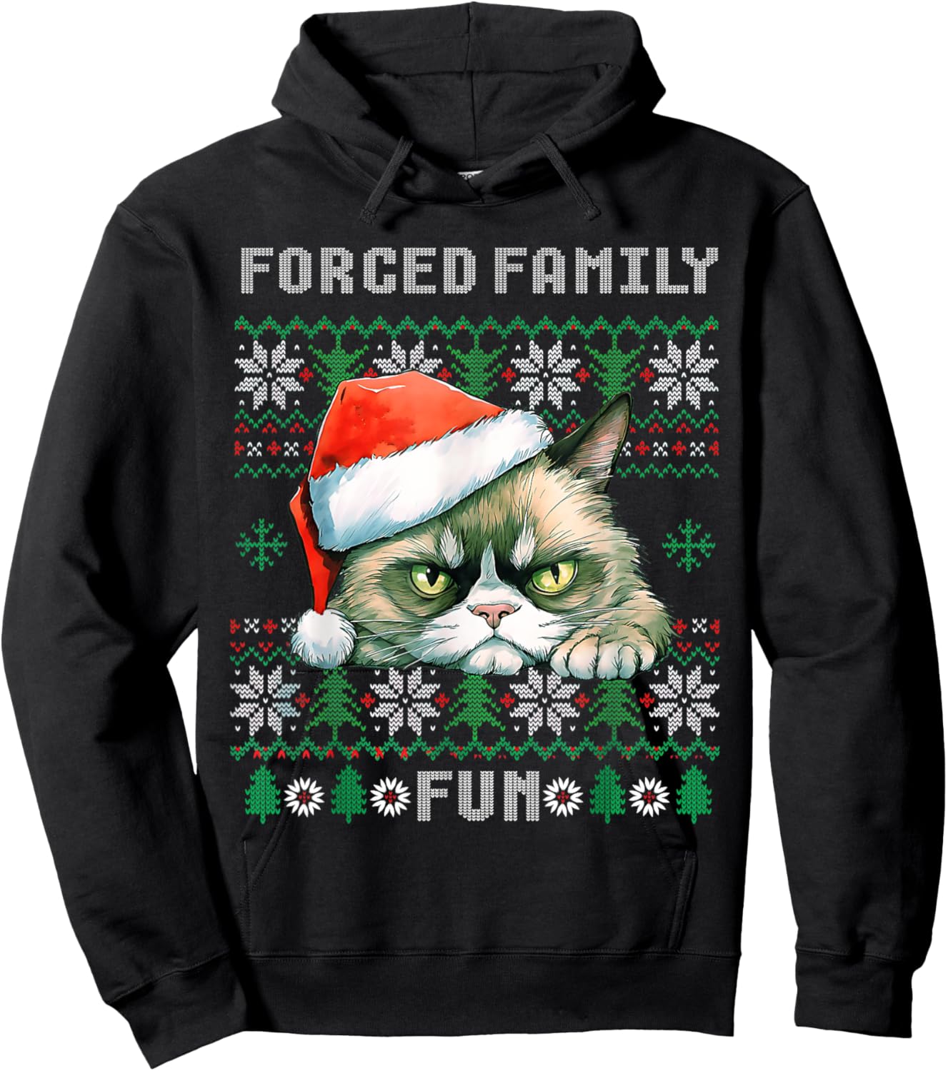 Forced Family Xmas Fun Funny Cat Lover Men Women Christmas Hoodie - Hoodie | Black