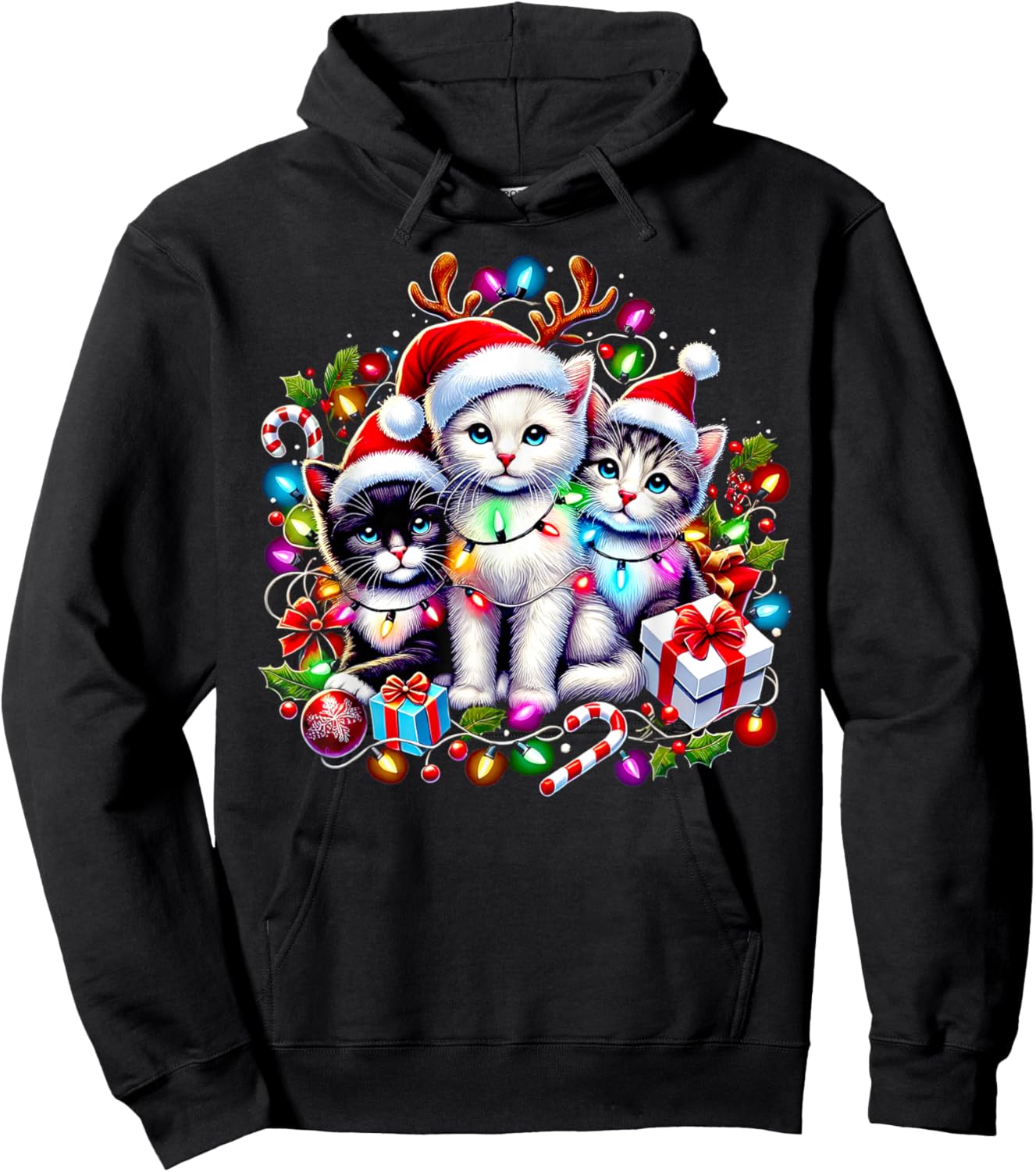 Cute Kittens Christmas Cheer Santa Hats Lights Cats Kittys Hoodie - Hoodie | Black