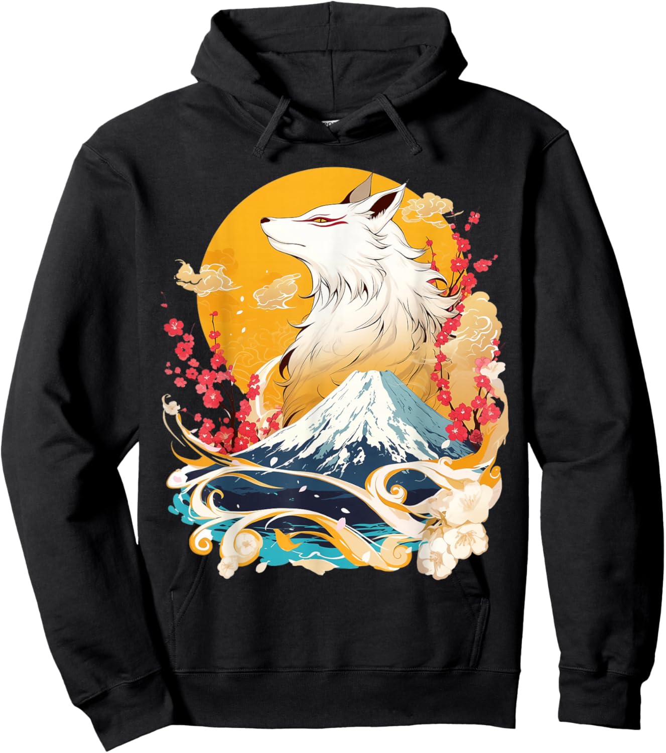 Kitsune Fox with Cherry Blossom Landscape Hoodie - Hoodie | Black