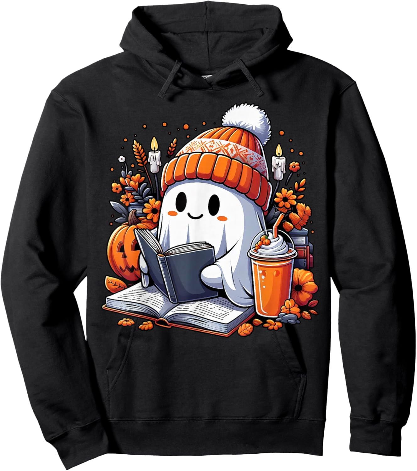 Ghost Drinking Coffee Book Reading Halloween Pumpkin Flower Hoodie - Hoodie | Black